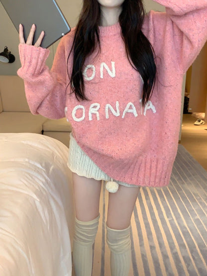 kumikumi pink sweater winter lazy wind loose pullover sweater women's design letter embroidery top