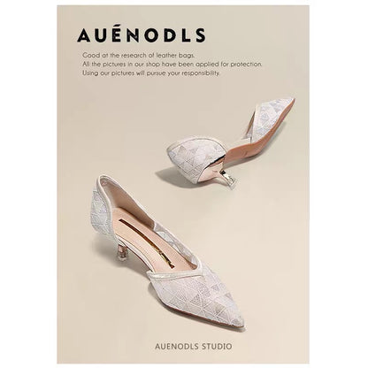 AUENODLS beige lace mesh French temperament high heels French breathable stiletto pointed toe shoes women's summer