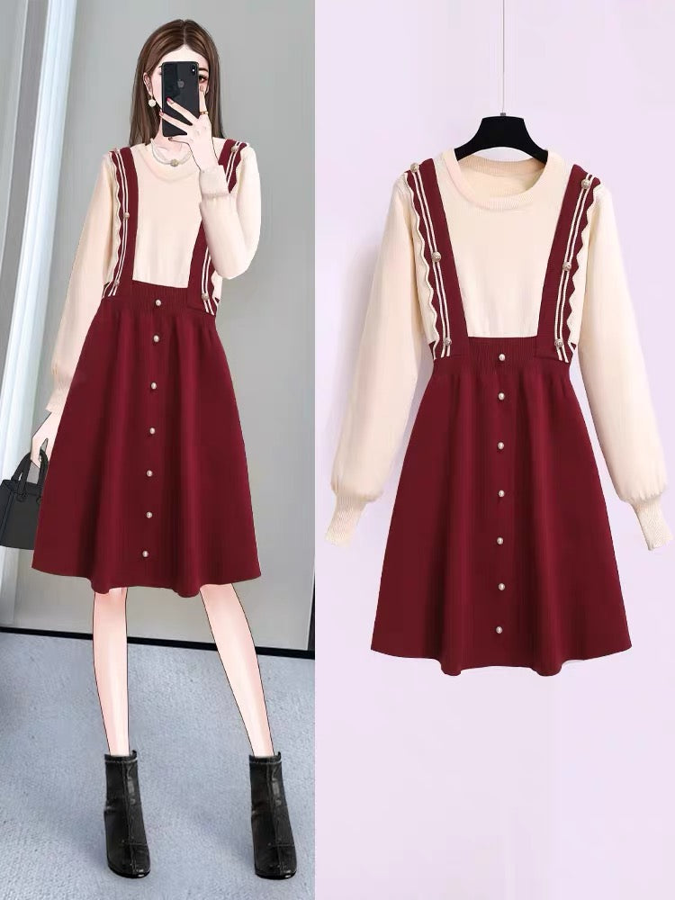 Red knitted dress small women's autumn and winter high-end cold wind high-end fake two-piece strap sweater dress