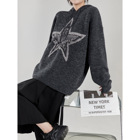 LLL LAB/Hong Kong-style retro chic sweater star thickened warm loose design with hat sweater spring and autumn