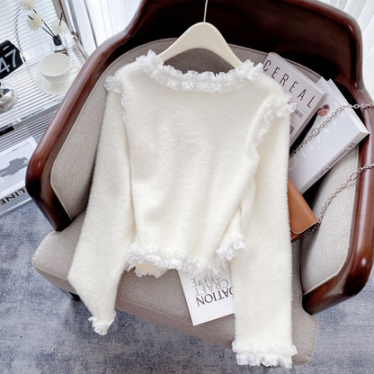 2022 autumn and winter new style small fragrant style knitted cardigan jacket women's design sense wood ear stitching mink fleece sweater trend