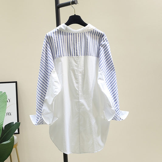 Striped stitching white shirt women 2023 spring new fashion loose design sense niche pullover shirt thin top