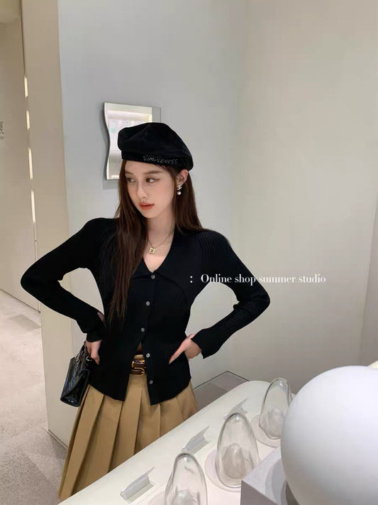 Summer home big lapel long-sleeved split knitted cardigan women's temperament V-neck design sense niche early autumn chic top