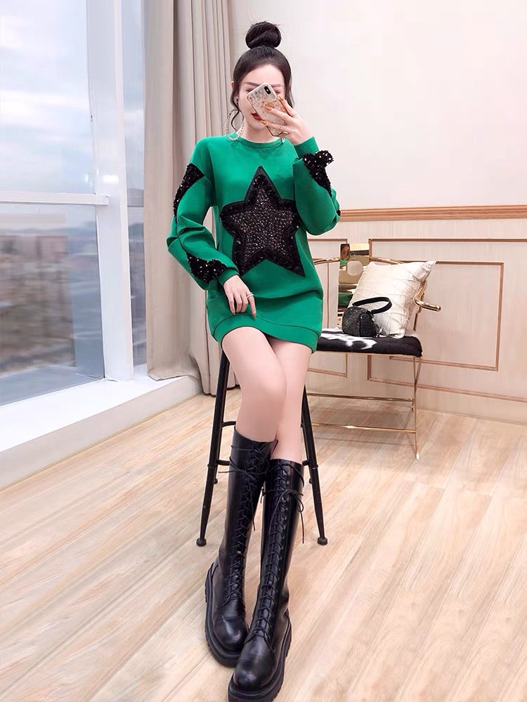 Sweater dress space cotton 2022 new women's winter green college style casual loose small dress