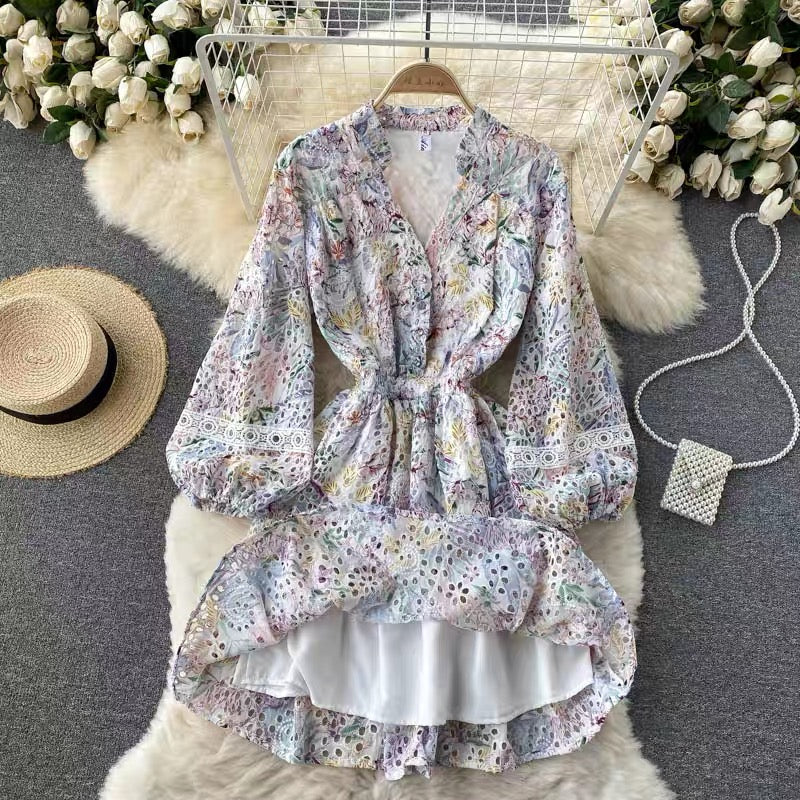 Floral embroidery lace hollow V-neck waist dress female French niche retro temperament age-reducing fairy skirt