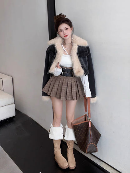 Denim plus velvet short small jacket women's winter 2022 new small design sense niche retro woolen cotton clothes