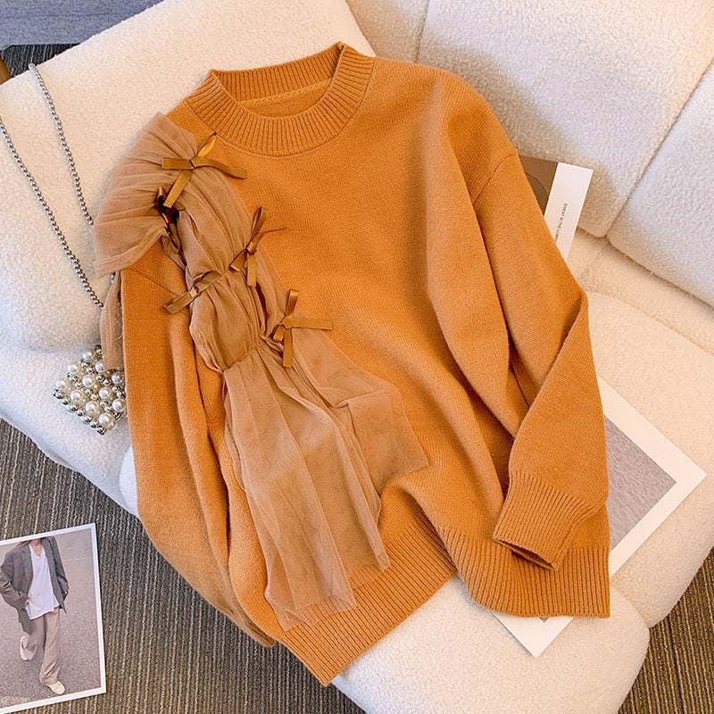 2022 autumn and winter new temperament mesh stitching bow thick design sweater sweater women's top tide