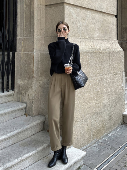 MULVAN High Waist Casual Suit Pants Women's Autumn and Winter Thickening New Straight Loose Curled Cigarette Pants Nine-point Pants