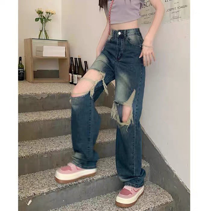 kumikumi fried street jeans women's design sense hole straight pants summer retro high waist loose wide leg pants 8238