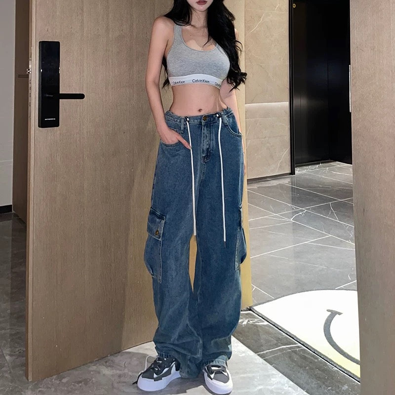 Overalls Women's 2022 Summer New Elastic Waist Drawstring Jeans High Waist Loose Straight Wide Leg Daddy Pants