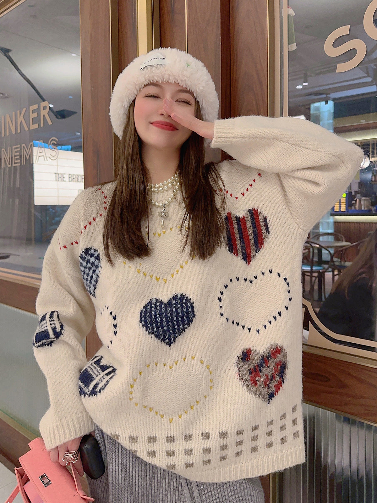 Thebestxue Korean style fashionable white variegated love sweater women autumn and winter new 2022 hot style thickened winter