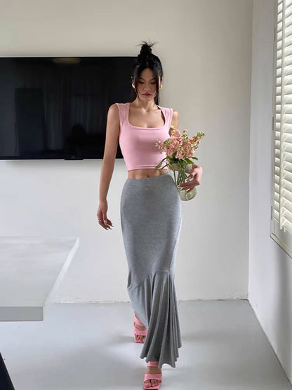 Well also pink square collar sleeveless short T-shirt women's 2022 summer thin cropped navel vest slim body top