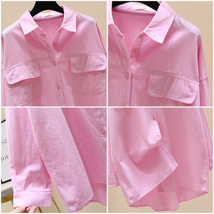 Pink mid-length shirt women 2023 spring and autumn new Korean style design loose casual shirt long-sleeved top