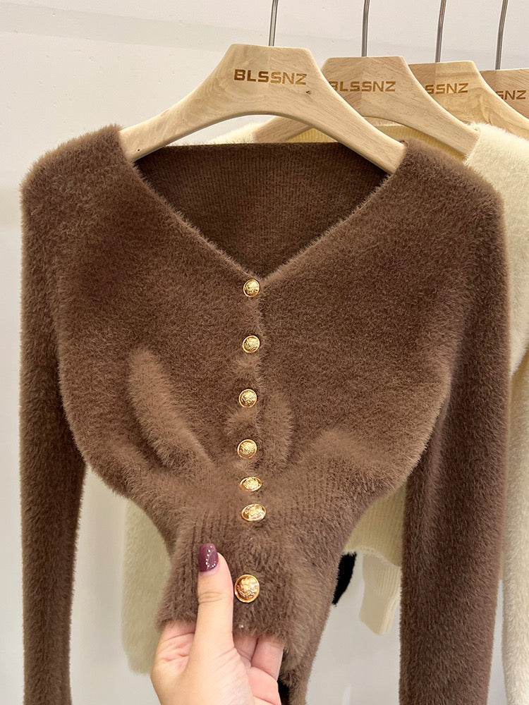 V-neck knitted cardigan women's mink wool sweater autumn and winter 2022 new high-end short top bottoming shirt