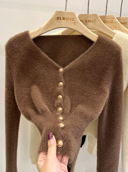 V-neck knitted cardigan women's mink wool sweater autumn and winter 2022 new high-end short top bottoming shirt