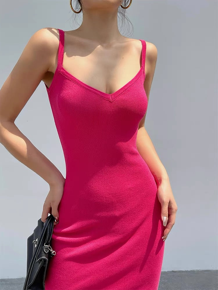 Well also French rose red sexy v-neck suspender dress summer women's thin high-quality temperament waist long skirt