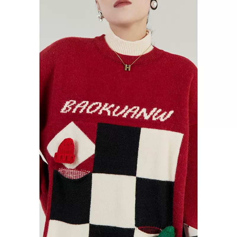 LLL LAB/New Year's Red Sweater Women's Design Sense Small Medium and Long Checkerboard Sweater Women's Autumn and Winter Atmosphere 1645