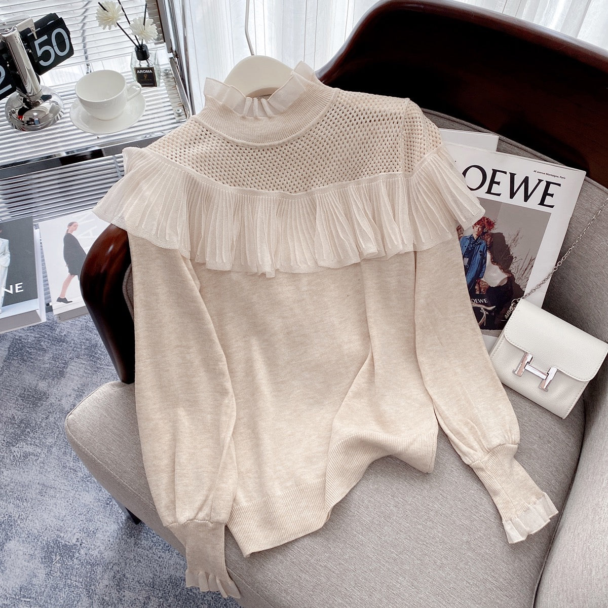 2022 autumn and winter new hollow-out ruffled half-high collar sweater niche chic outer wear inner sweater top women