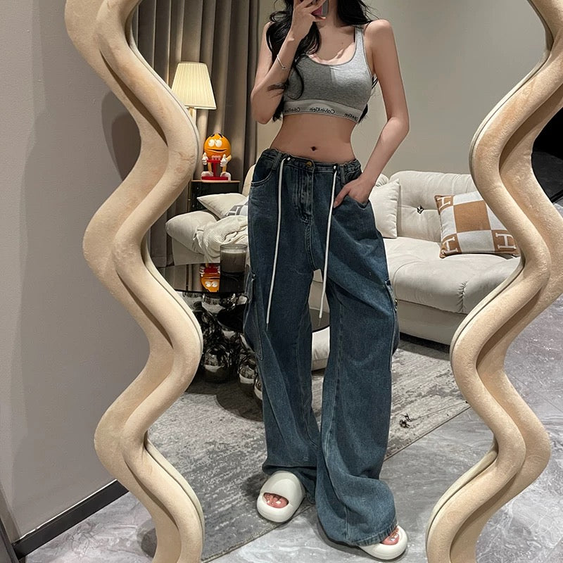 Overalls Women's 2022 Summer New Elastic Waist Drawstring Jeans High Waist Loose Straight Wide Leg Daddy Pants