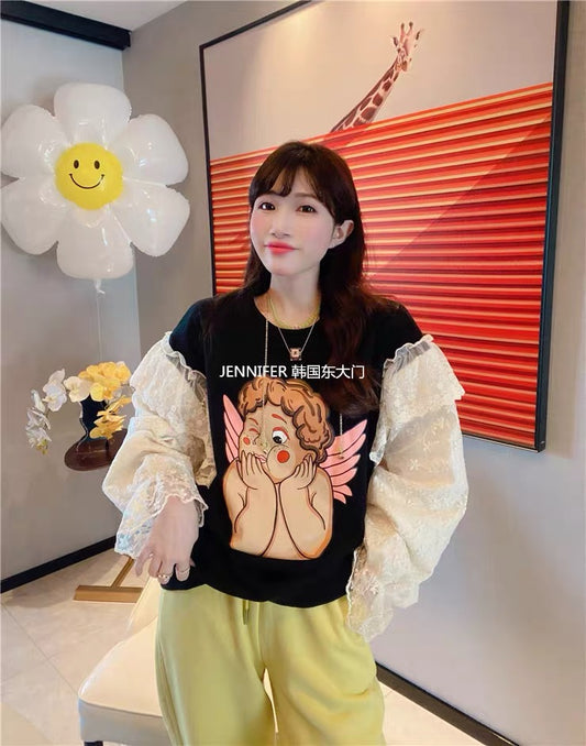 JENNIFER JXLIU Korean winter cute little angel cartoon print pattern lace edge lotus leaf sleeves