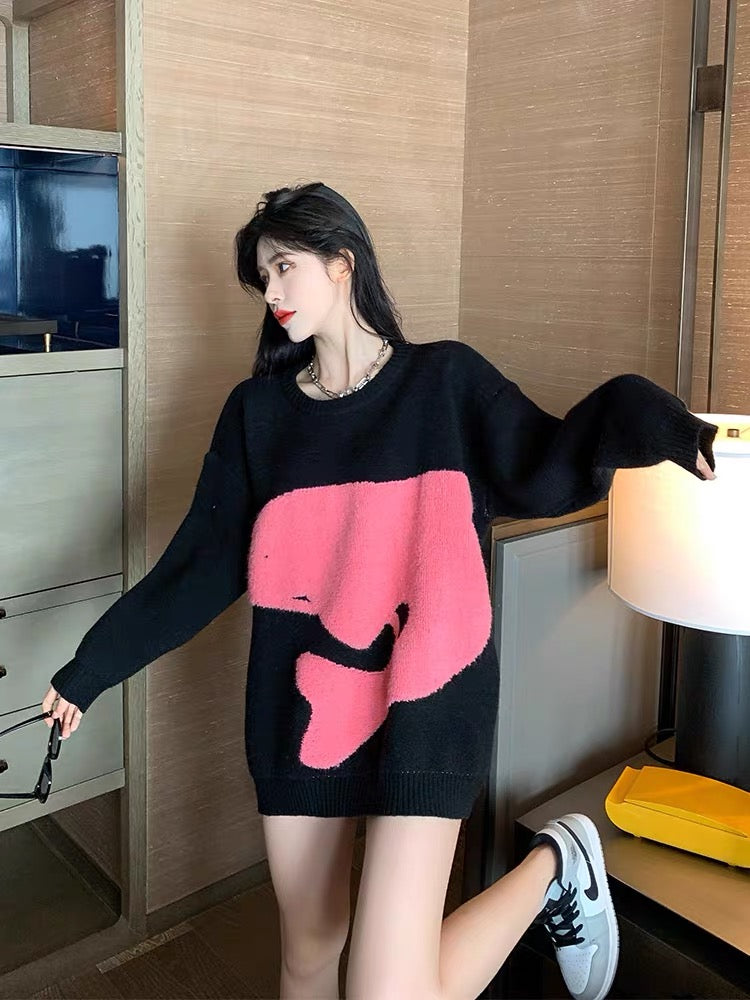 Black cartoon jacquard sweater women's autumn and winter thickened pullover loose fashion all-match medium long lazy style