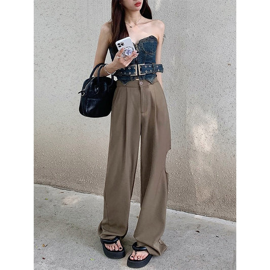 Hole design sense suit pants female summer Korean version 2023 new high waist slim wide leg casual trousers mopping pants