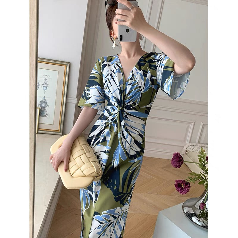 MONA original summer elegant romantic style V-neck print interwoven twist floral design dress women