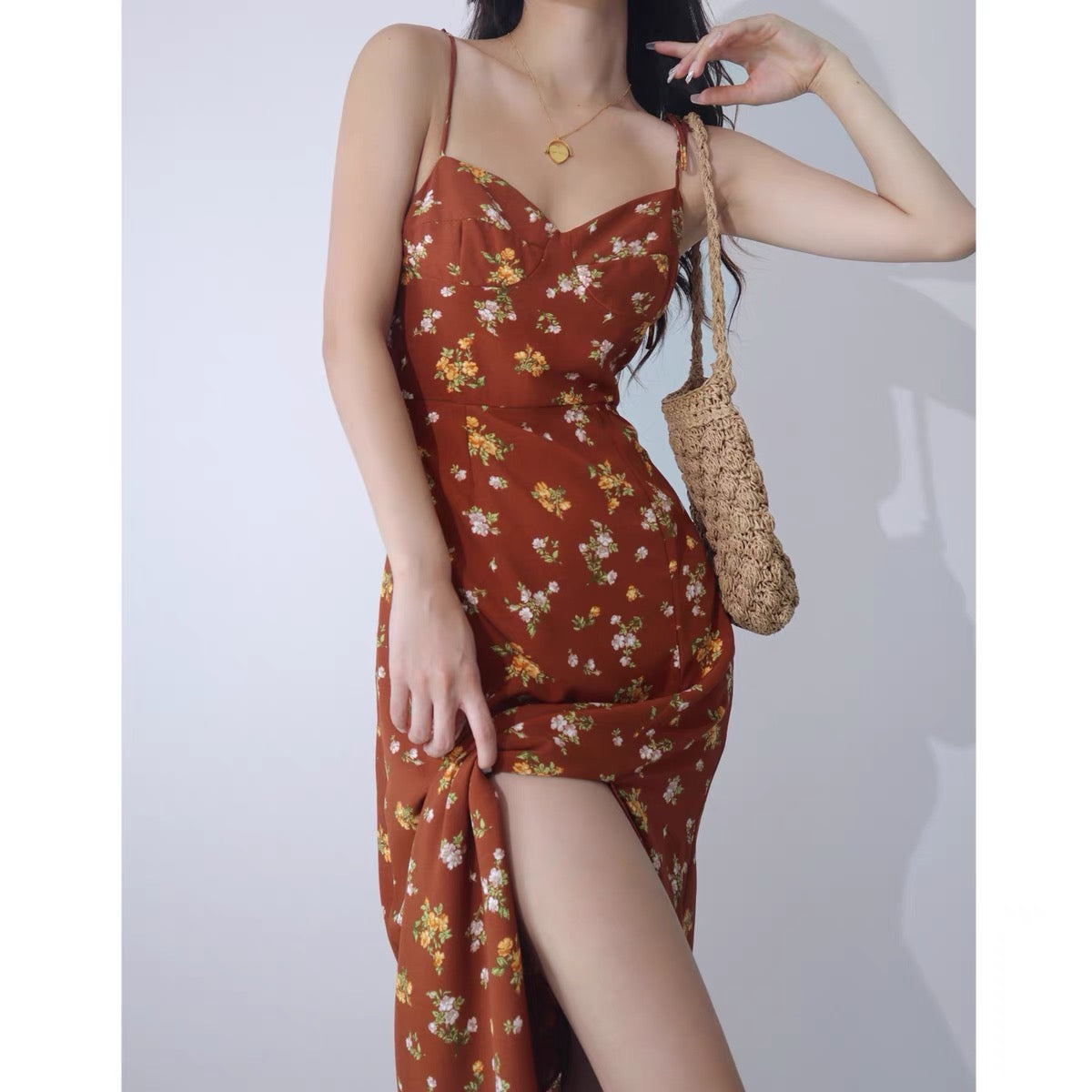 European and American style sexy hem split floral chiffon suspender dr –  Lee Nhi Boutique