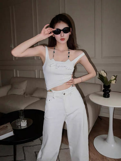 [Earth Store] Sweet hot girl white diamond chain two-piece vest female summer sexy suspender top