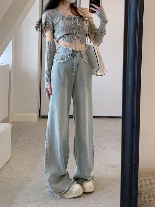 High waist loose all-match raw-edge jeans summer women's straight-leg mopping pants washed blue wide-leg pants slim pants