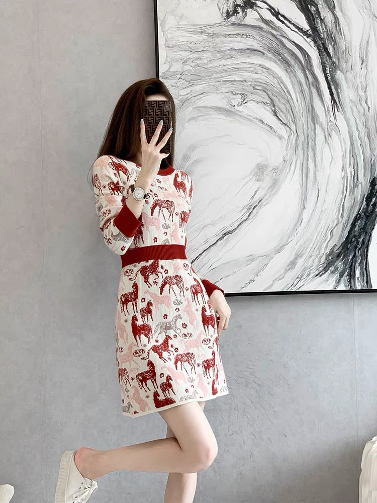 2022 autumn and winter new red knitted dress women's Christmas long-sleeved bottoming sweater skirt autumn