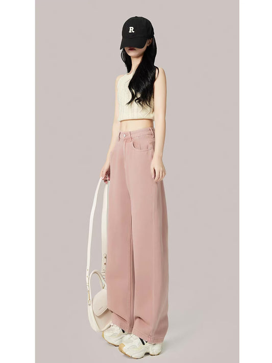 Pink wide-leg jeans women's fall 2022 new high-waisted loose straight-leg drapey slim mopping pants trousers