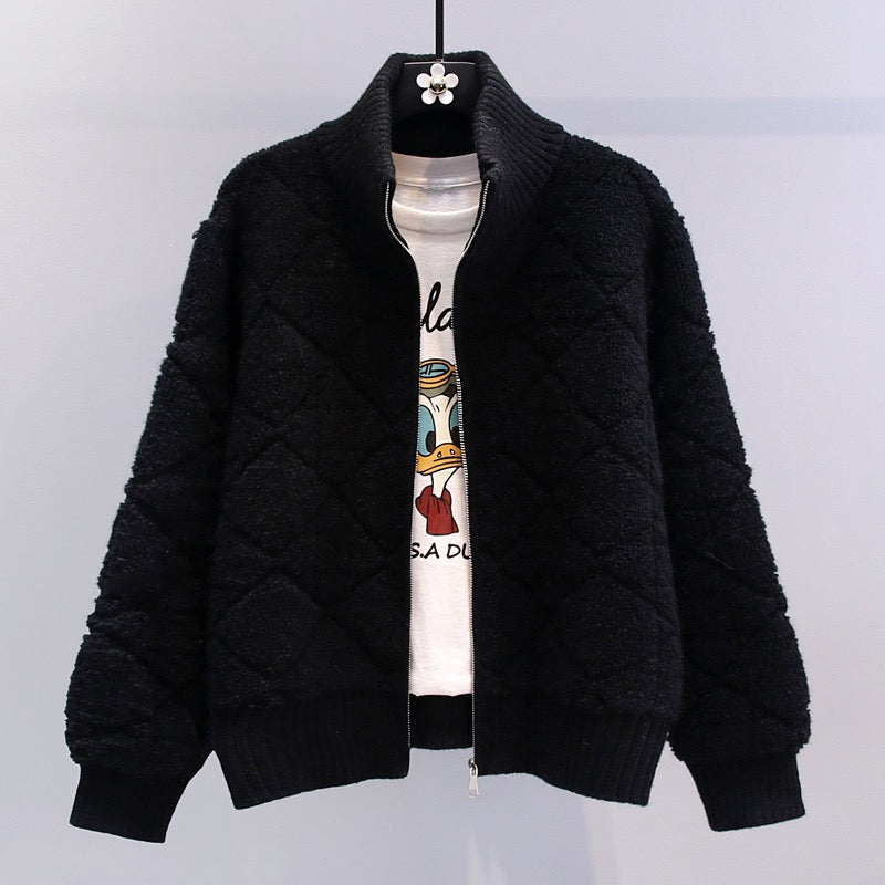 Small fragrant style diamond-shaped zipper sweater coat women 2023 new loose lazy style high-quality knitted cardigan