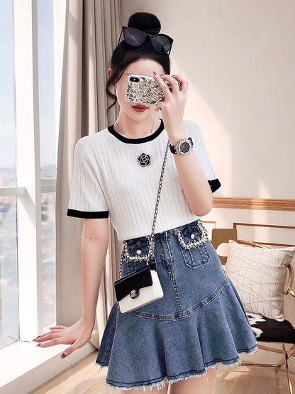 Milk wear suits summer 2022 new women's knitted tops denim summer skirts two-piece suits for age reduction