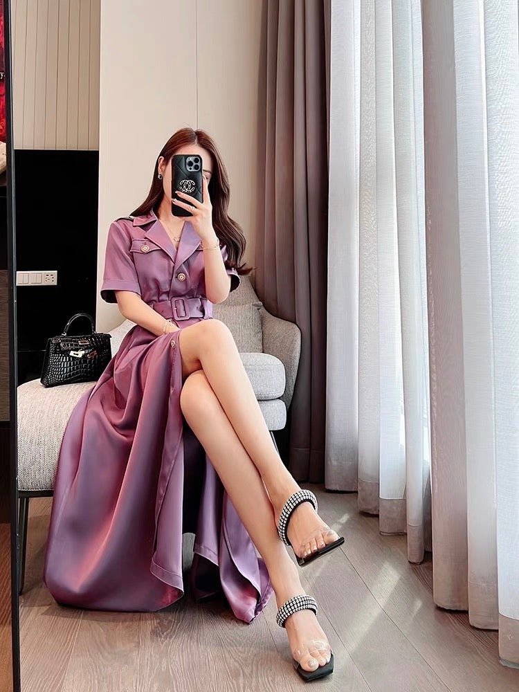 Miss Dong high-end custom 2022 summer new niche design acetate French shirt slim polo dress