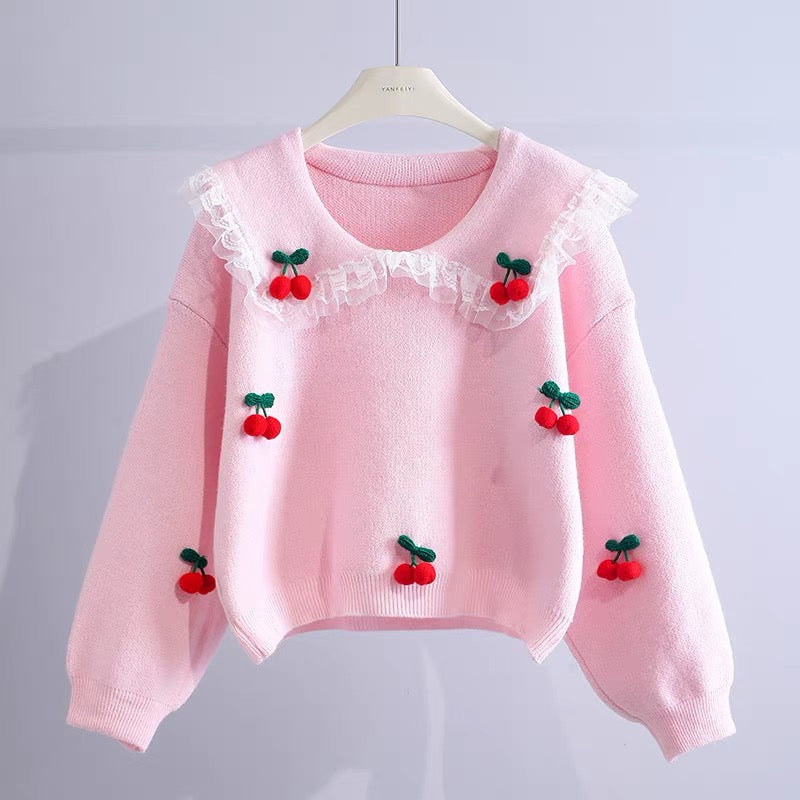 Lace Doll Collar Cherry Sweater Women's 2022 Fall/Winter New Korean Sweet Loose Pullover Lazy Wind Knit Sweater