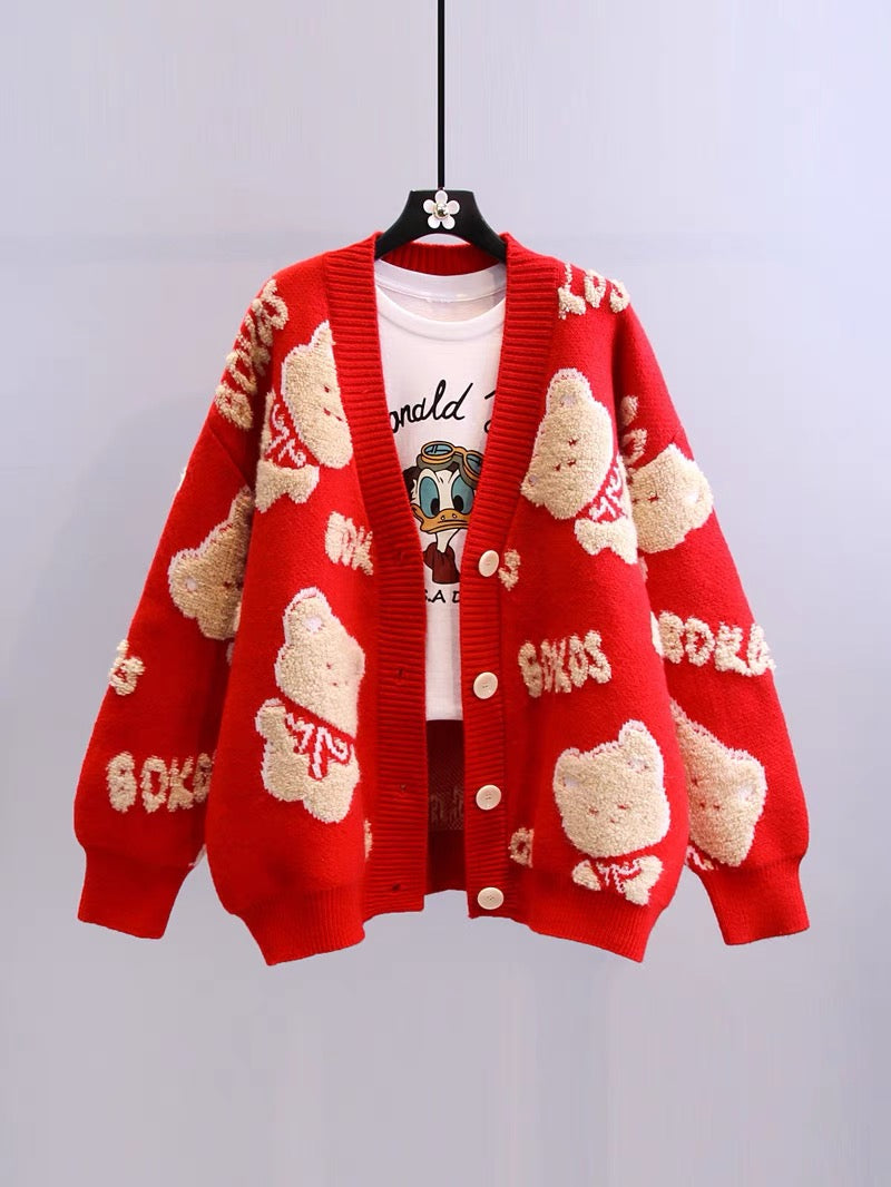 Cartoon bear sweater jacket women's autumn and winter 2022 new Korean version loose and lazy style outside wearing foreign style knitted cardigan