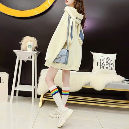 Plush thickened hooded sweater women's mid-length autumn and winter 2022 new Korean version loose all-match sweet and cute coat