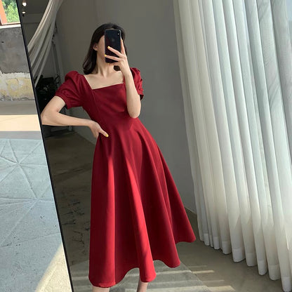 FT GUOGE red dress women's 2022 summer dress new square collar French retro temperament puff sleeves engagement dress