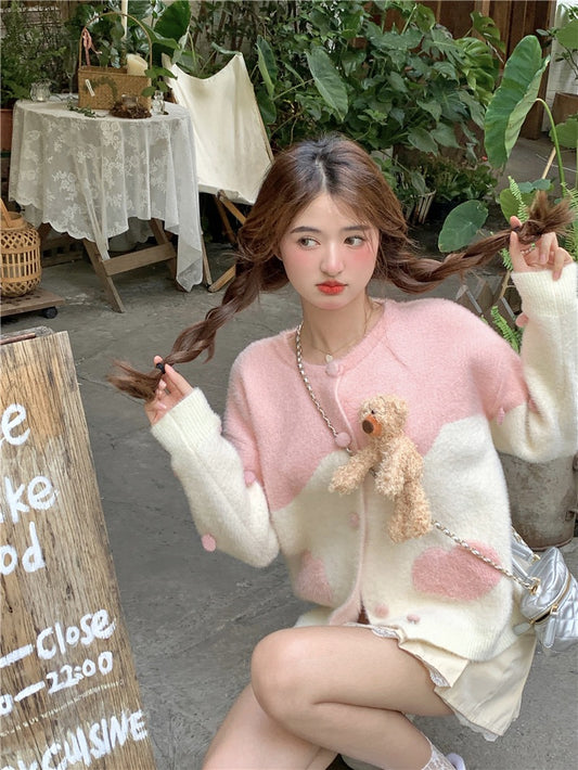 kumikumi sweet age-reducing heavy industry bear love imitation mink knitted cardigan autumn gentle sweater jacket female