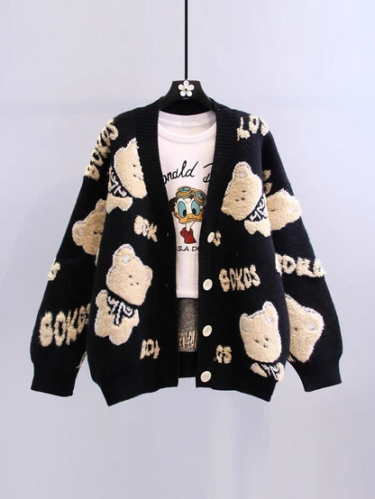 Cartoon bear sweater jacket women's autumn and winter 2022 new Korean version loose and lazy style outside wearing foreign style knitted cardigan