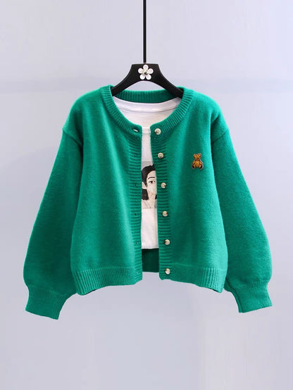 Embroidered bear sweater coat women's autumn 2022 new Korean version loose college style all-match short knitted cardigan