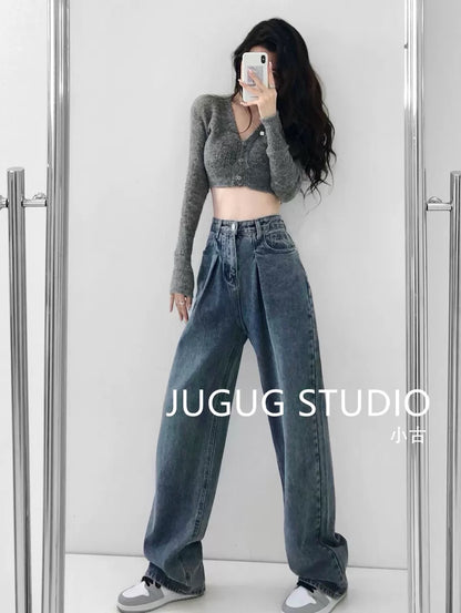 JUGUG retro washed wide-leg jeans women's loose straight trousers show thin and droopy daddy mopping trousers