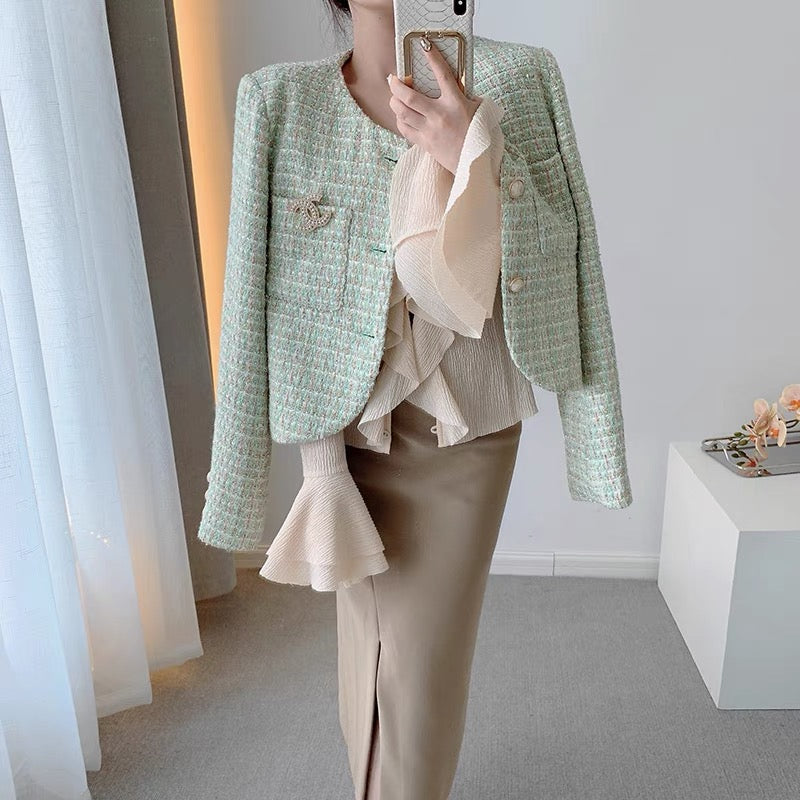CHICROOM green small fragrance coat women's spring and autumn small round neck tweed woven thin short top