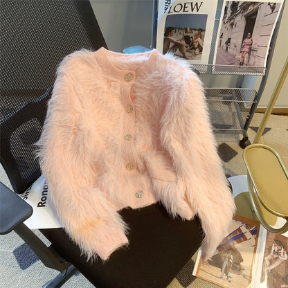 2022 autumn and winter new high-end imitation mink velvet knitted cardigan jacket small fragrant style temperament short sweater women's fashion