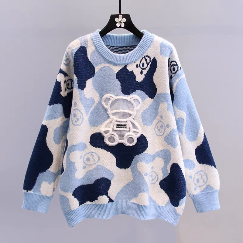 Japanese college style cartoon bear sweater women's 2022 autumn and winter new loose and lazy style age-reducing knitted top