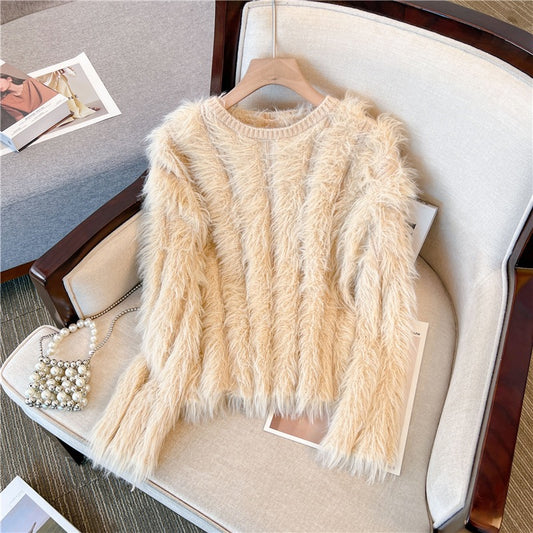 2022 autumn and winter new thickened gentle wind imitation mink hair pullover showing thin temperament knitted sweater soft waxy sweater women's top