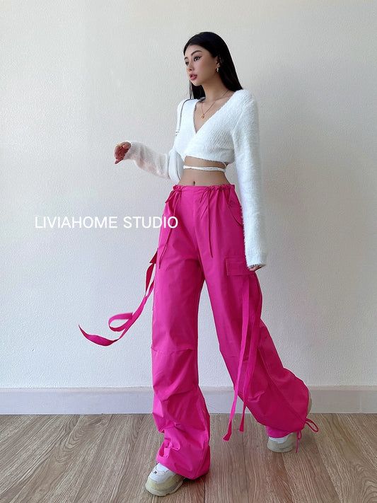 liviahome eye-catching pink overalls European and American hot girls street fashion high waist casual loose wide-leg pants women