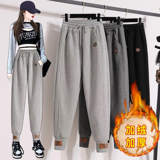 Sports pants women's winter 2022 new lamb velvet small loose bundle feet plus velvet thickened casual pants women