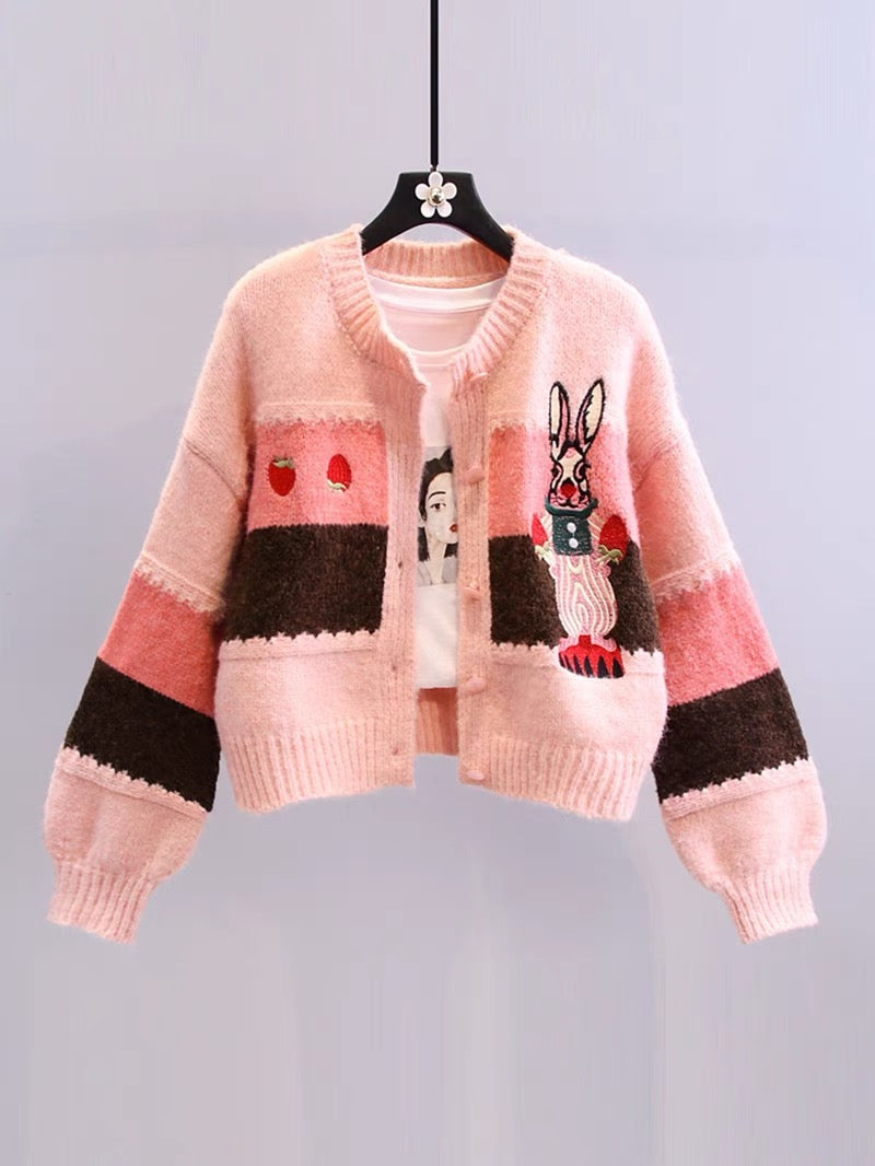 Embroidered cartoon short sweater jacket women's autumn and winter 2022 new Japanese style lazy style loose all-match knitted cardigan